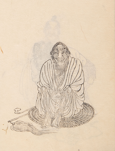 A black and white line drawing in a printed book showing an old man sitting with his knees to his chest gazing to the side with a strange smile on his face.