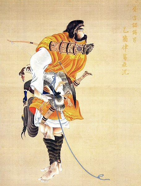 A color painted portrait of an Ainu chieftain standing and looking back over his shoulder, a bird tucked under his arm.
