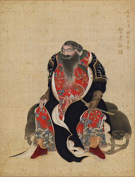 A color painted portrait of an Ainu chieftain sitting in a slow chair. He has a big belly pushing his patterned clothes open and a large beard.