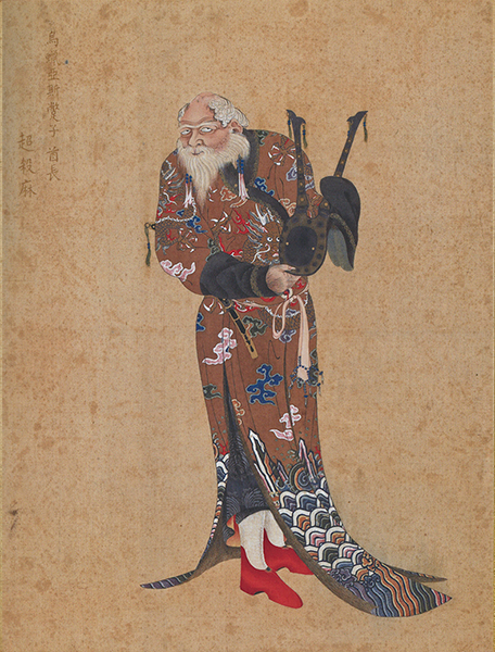 A color painted portrait of an Ainu chieftain with a white beard standing and holding a traditional Ainu ceremonial helmet.