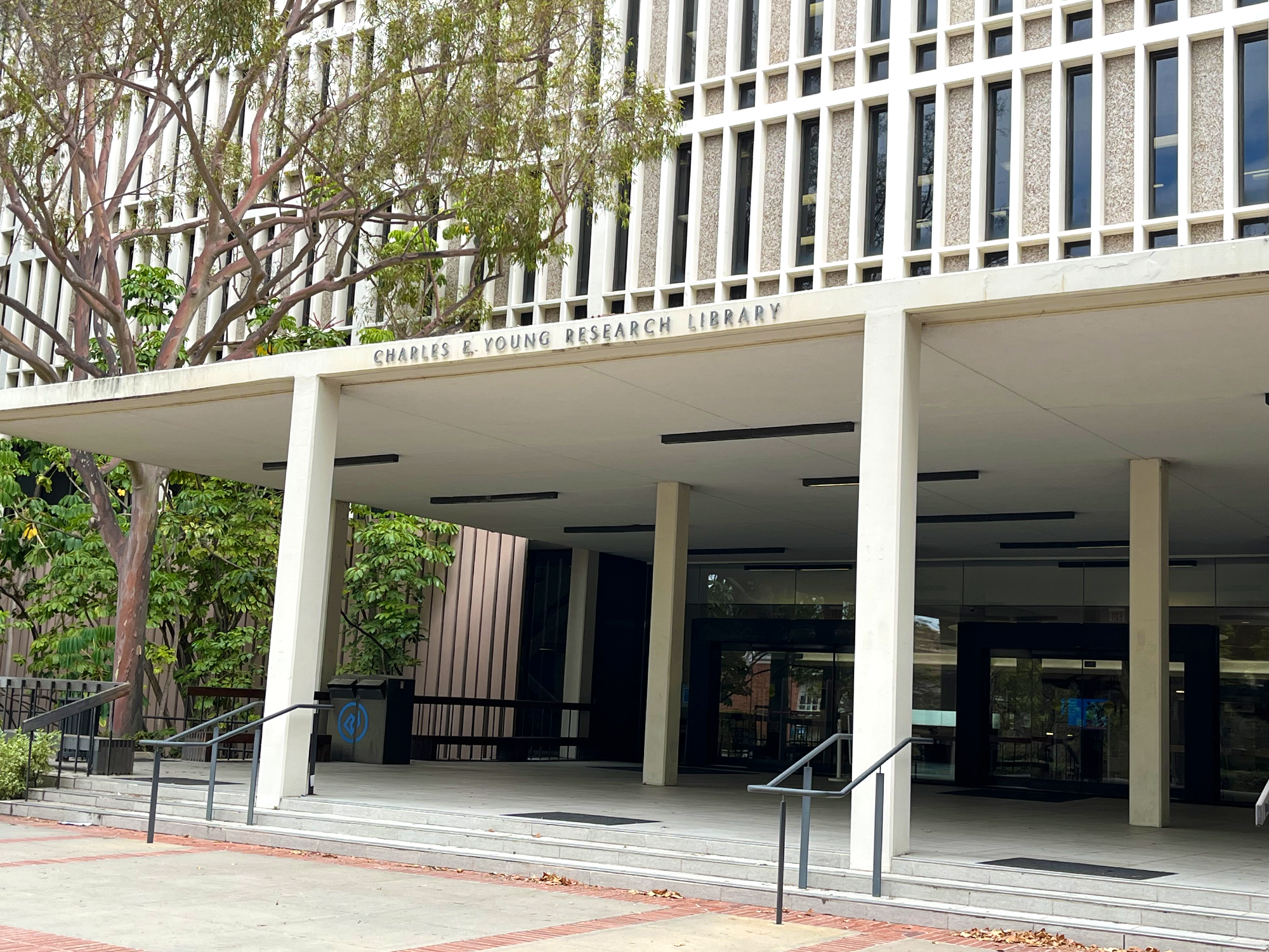 A photograph of the front steps of a library