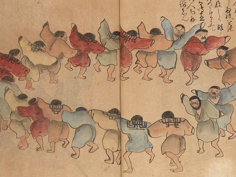 A painting of Ainu people in a circle dancing in colorful outfits.