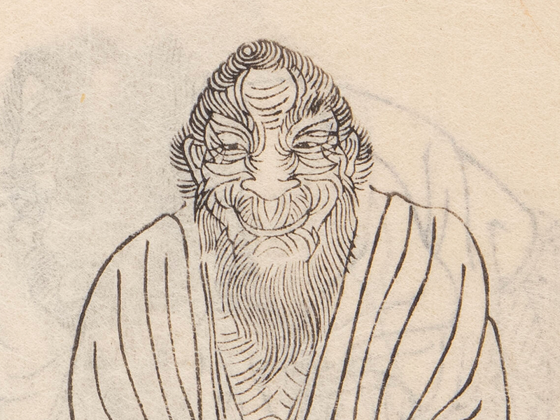 A printed line drawing of an old man with a lined face.