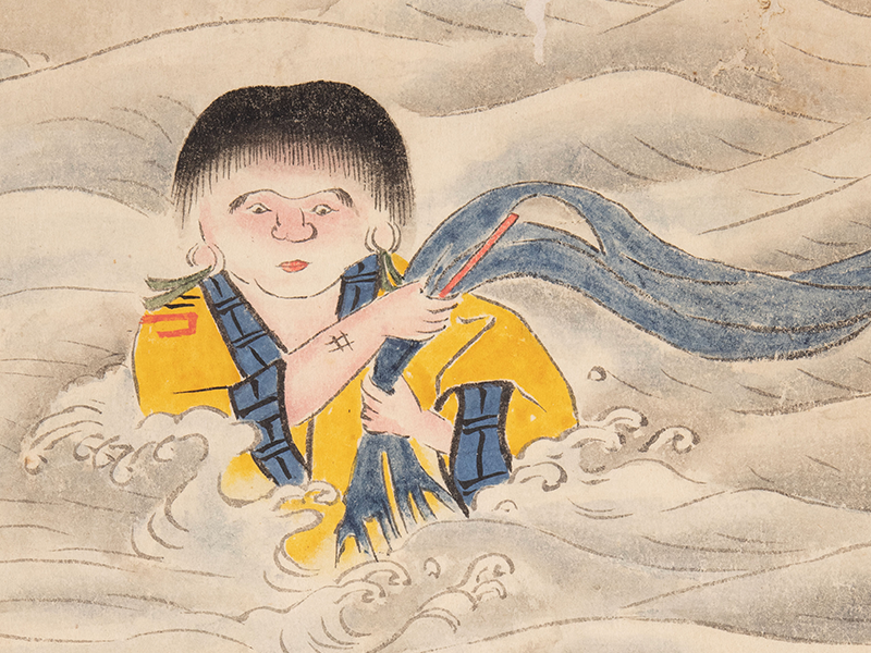 A handpainted picture of an Ainu woman in water.