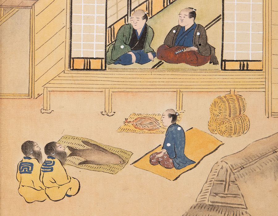 A painted image of two Ainu sitting before a Japanese lord on a veranda.