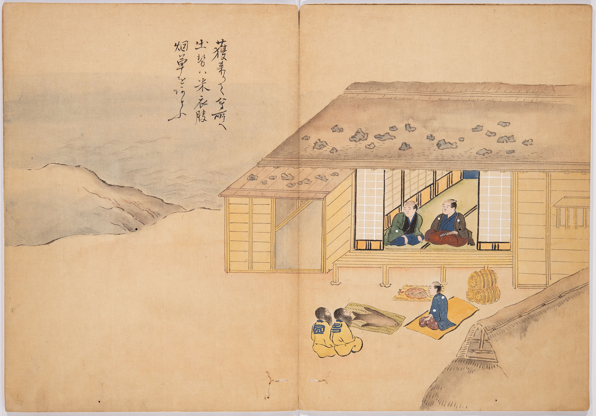 A painting of two Ainu figures kneeling before two Japanese men sitting on a veranda. There is another Japanese attendant sitting to the side of the Ainu, and in front of them are trade offerings, including a sea otter.