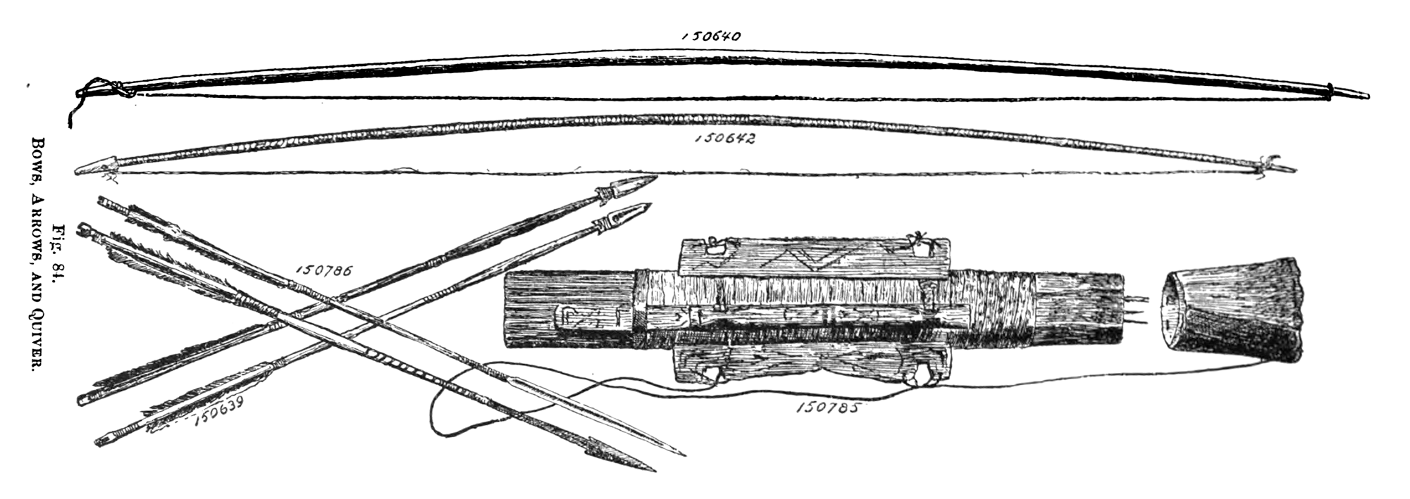 A black and white diagram of Ainu bows and arrows next to an Ainu quiver.