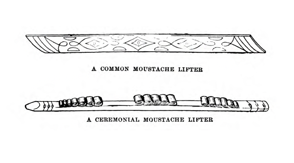 A black and white diagram of wooden carved sticks with the labels 'A Common Moustache Lifter' and 'A Ceremonial Moustache Lifter'
