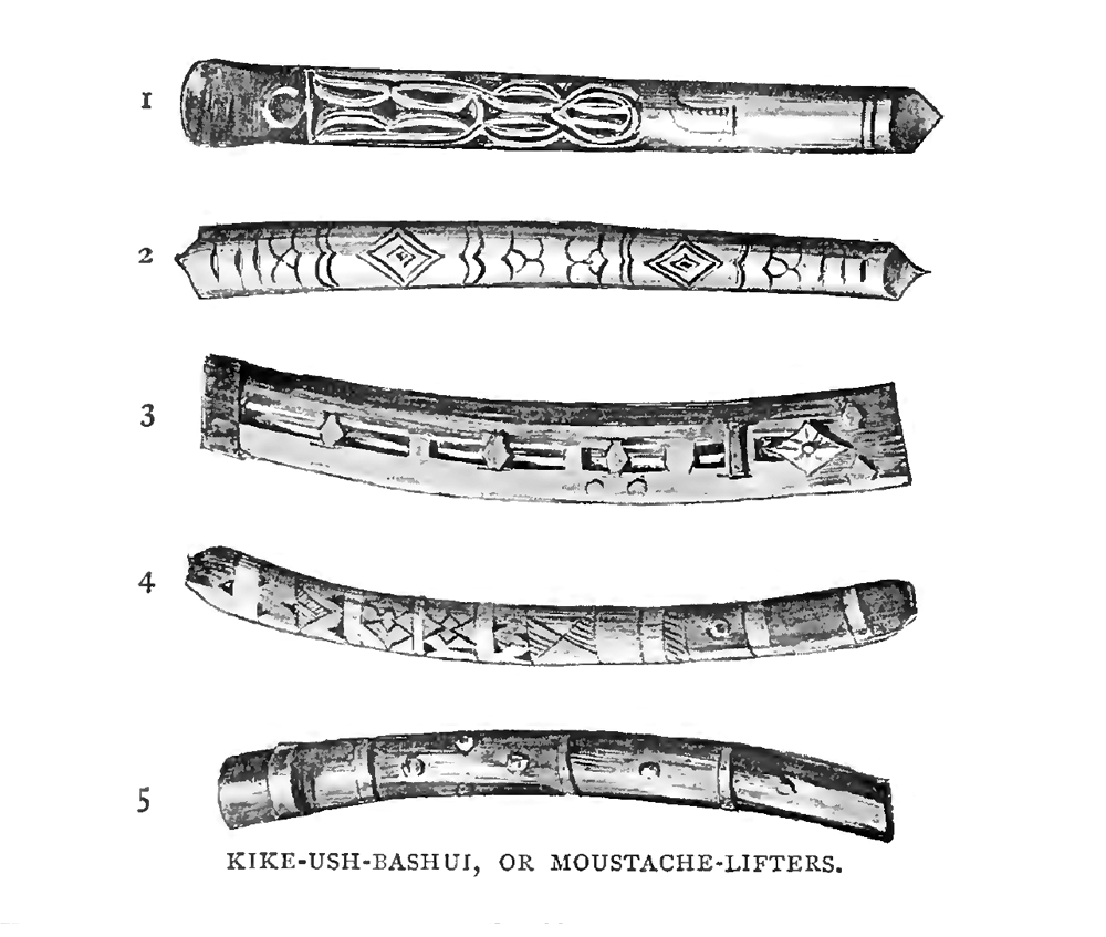 A black and white diagram of five different wooden carved sticks with a label at the bottom reading 'kike-ush-bashui, or moustache-lifters'