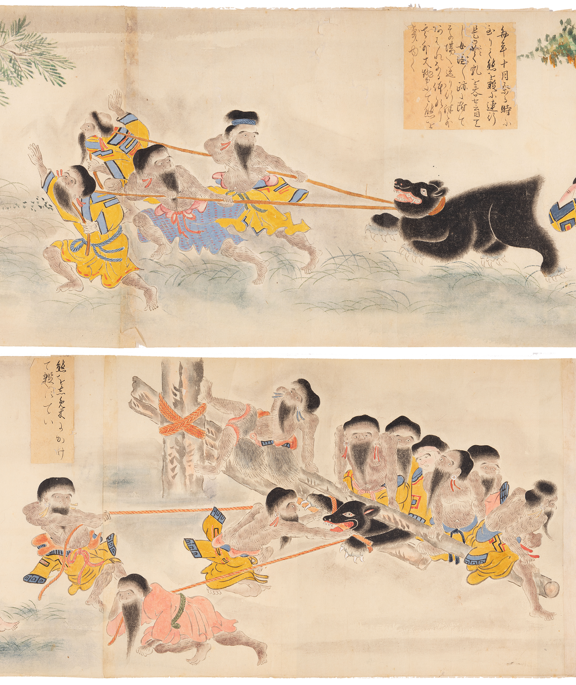 Two segments of a painting on top of one another. The top image shows four Ainu men pulling a black bear by ropes as it rears and bares its teeth. The bottom image shows about a dozen Ainu rolling a large log over the dead bear, with three people in the front of the log tugging ropes from the other side.