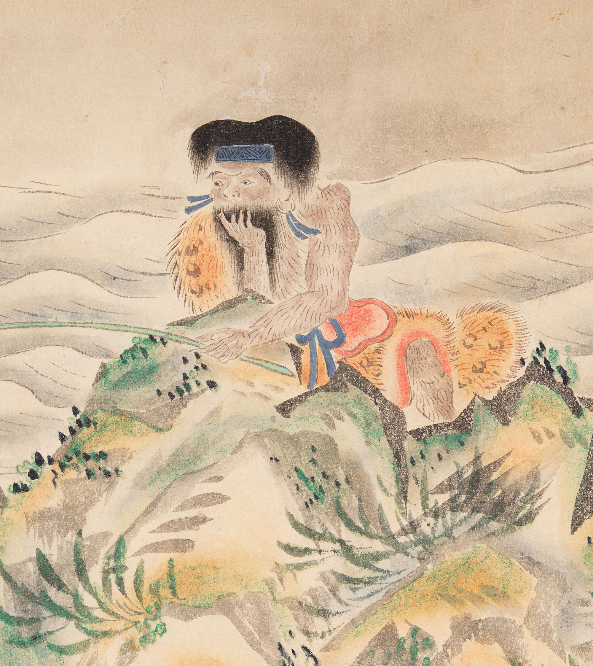 A painting of an Ainu man sitting on a rock fishing. He wears a yellow robe with leopard print fur.