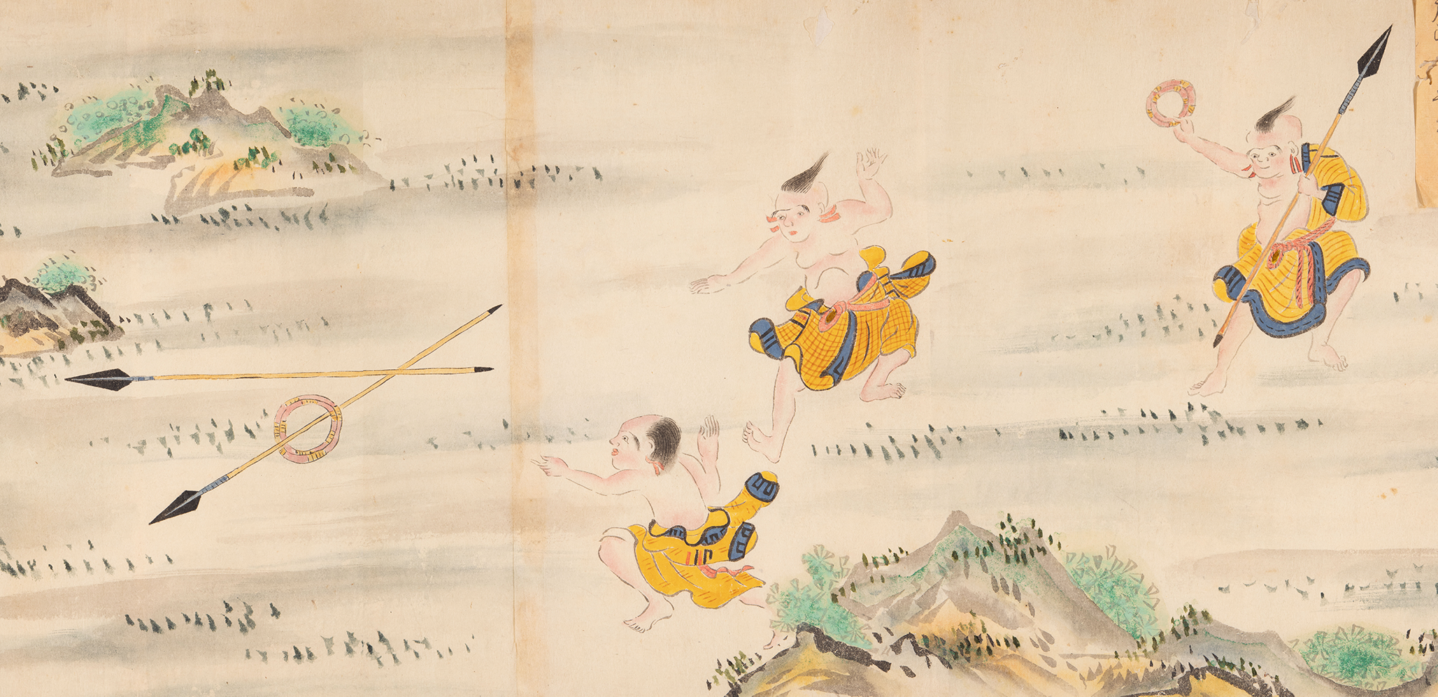 A painting of three male Ainu children in yellow patterned robes partially undone on top. They are in various states of activity as they throw spears through a small hoop.