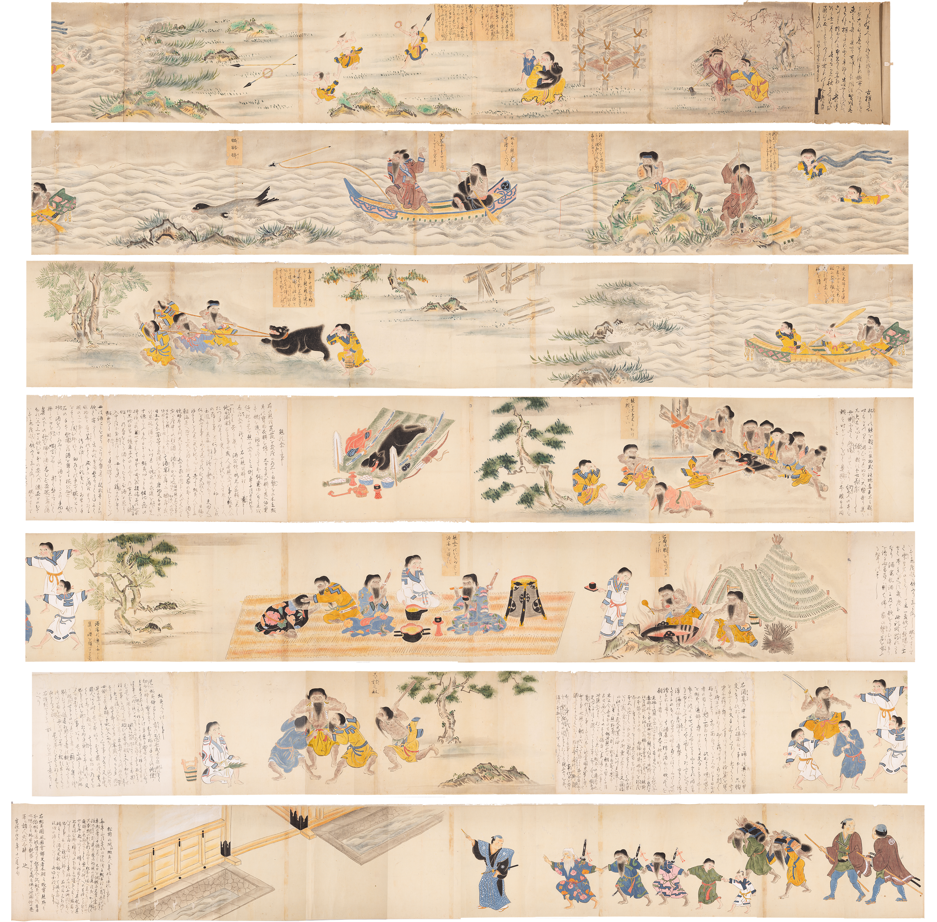 A compilation of screencaps of a Japanese early modern scroll, set into six segments stacked on top of each other.