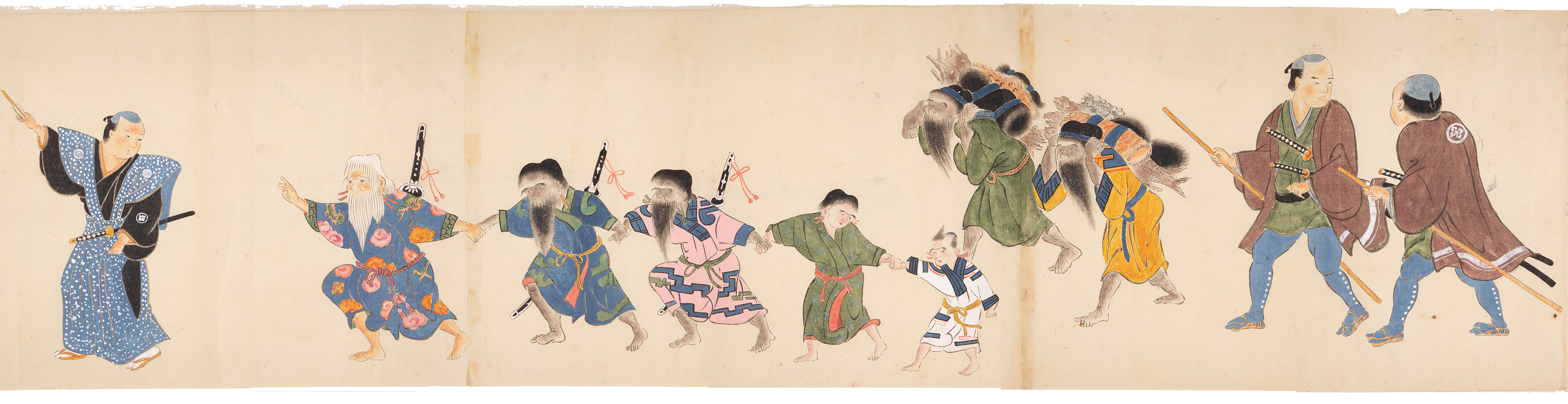 A painting of a line of people walking. On the far right are two Japanese with sticks and swords, followed by two Ainu men carrying stacks of goods on their back. This is followed by an Ainu woman tugging a child and three Ainu men with ceremonial swords on their backs. At the front is a Japanese man in formal samurai outfit pointing beyond the frame.