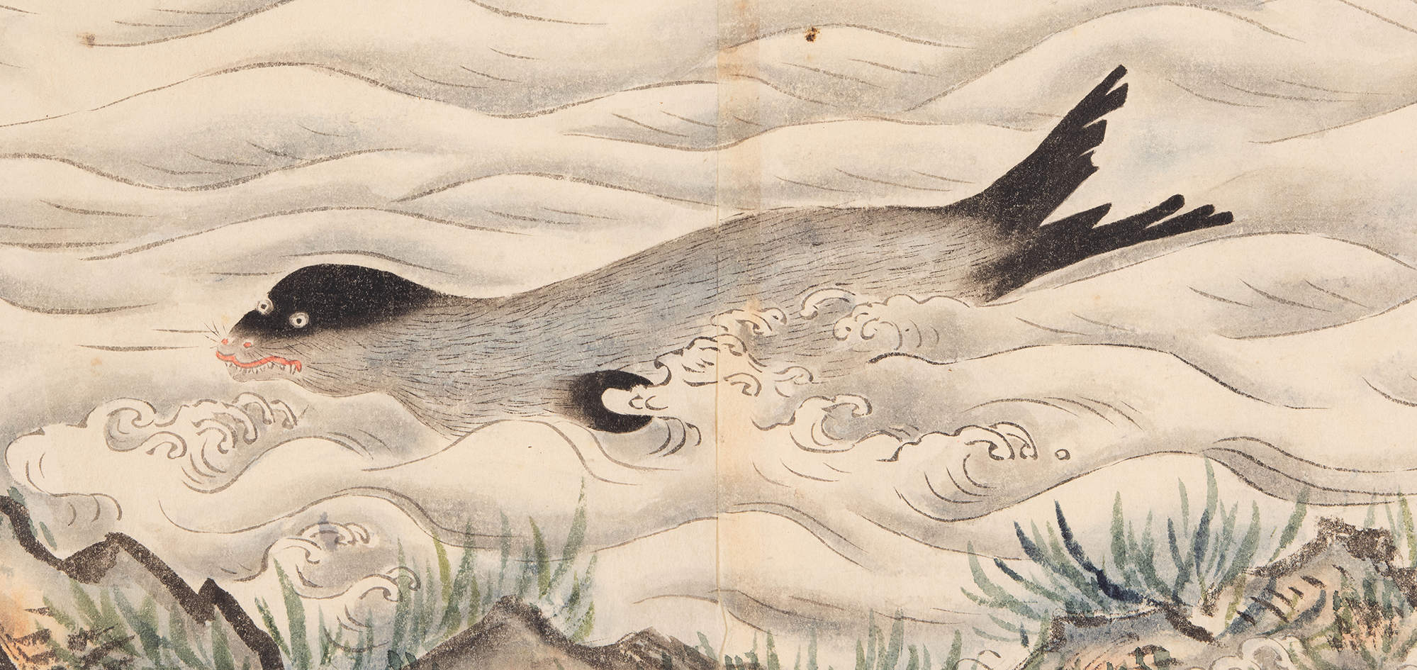 A painting of a sea otter swimming atop choppy waters. He looks mad.