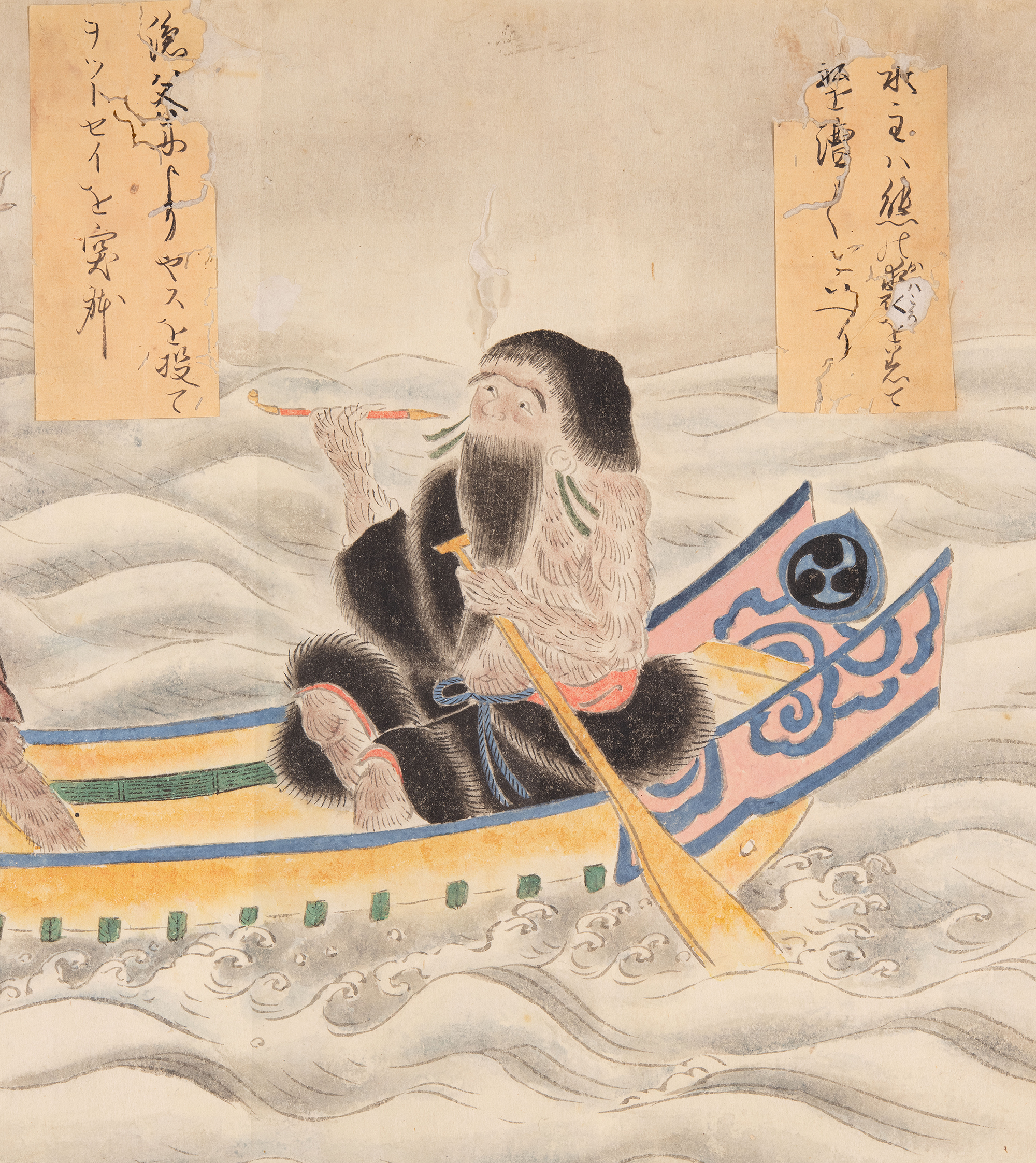 A painting of an Ainu man sitting in a boat smoking a tobacco pipe. He has a robe that appears to be fur and above him are cartouches of Japanese explanatory text.