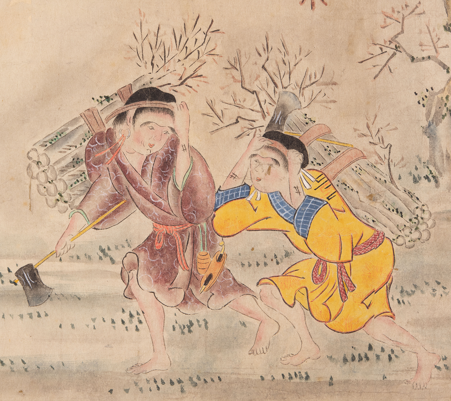 A painting of two Japanese women walking with bundles of wood on their backs. One of them in a purple robe is carrying an axe and the other in a yellow robe has an axe tucked into the bundle on her back.