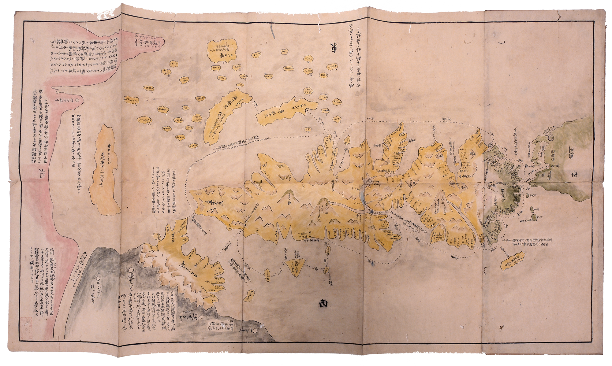An early modern Japanese handdrawn map showing Hokkaido and its surrounding islands and land masses. Hokkaido is in yellow and the shape is elongated and warped.