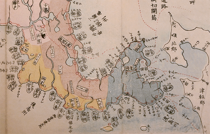 A closeup of a printed map of the Matsumae region of the southern tip of Hokkaido, with lots of labels for towns and important sites and routes.