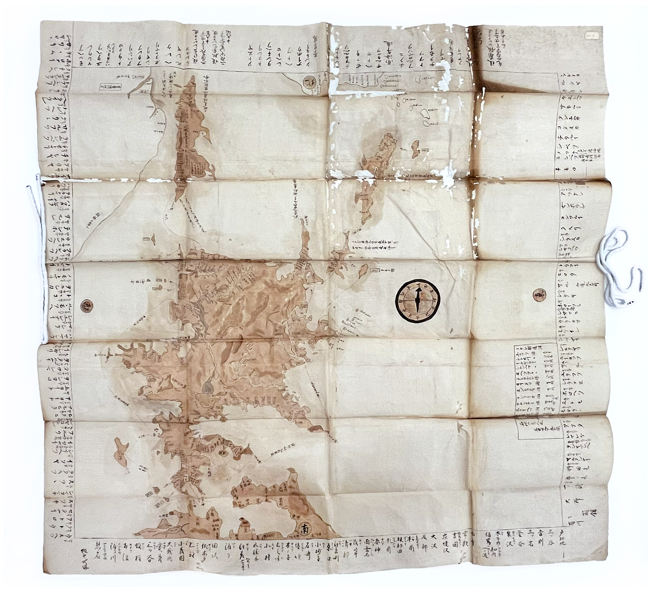 A handpainted map of the Hokkaido region done in light brown colors. There is text throughout labeling sites and also along the edges of the map with navigational notations.