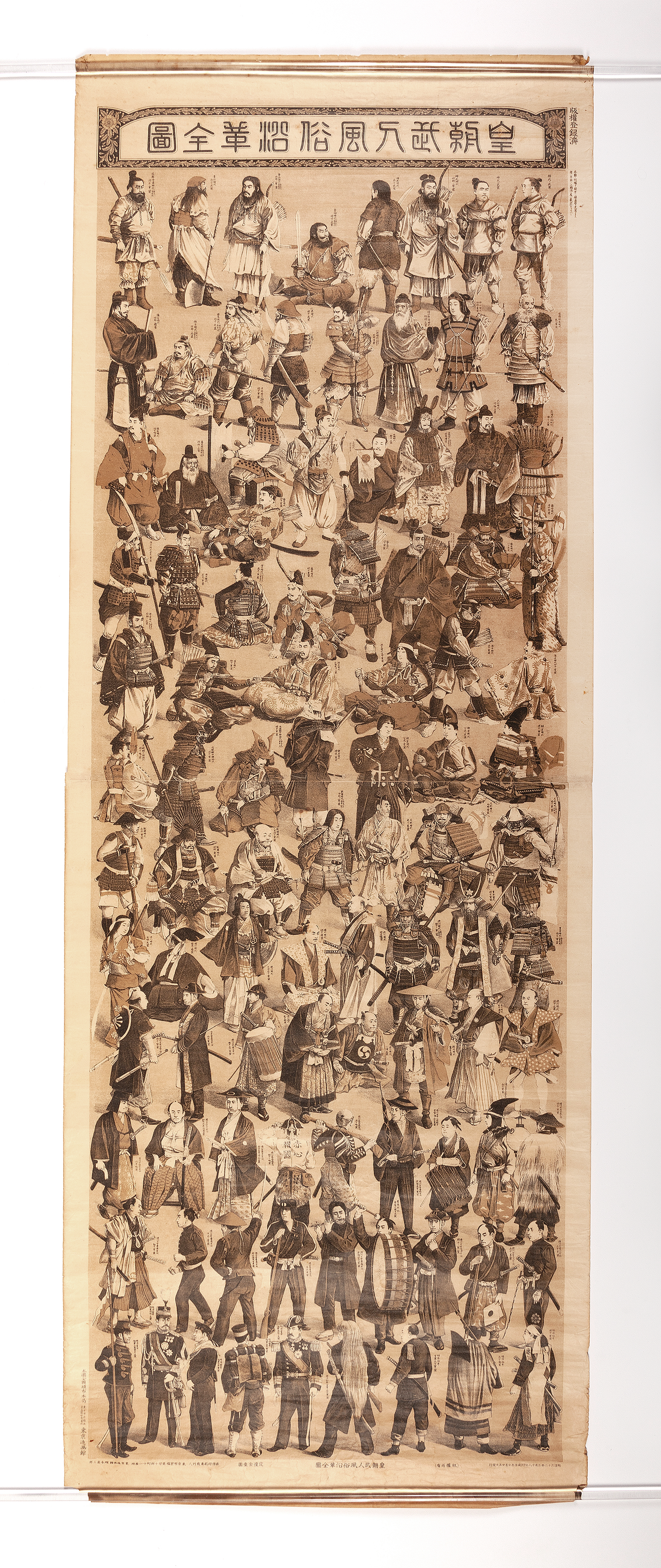 A long chart in brown and red hues with text at the top in Japanese and a series of dozens of illustrations of people throughout the chart.