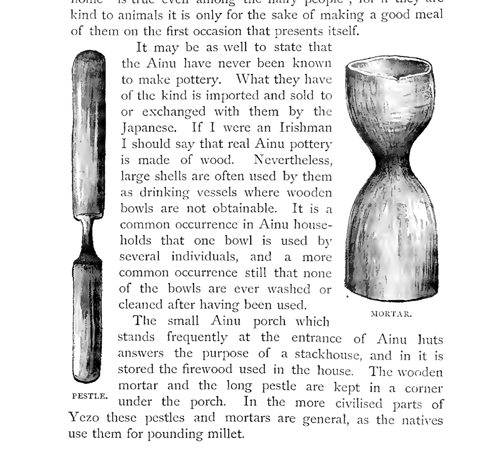 A diagram in black and white of an Ainu pestle and mortar with descriptive text in between each item.