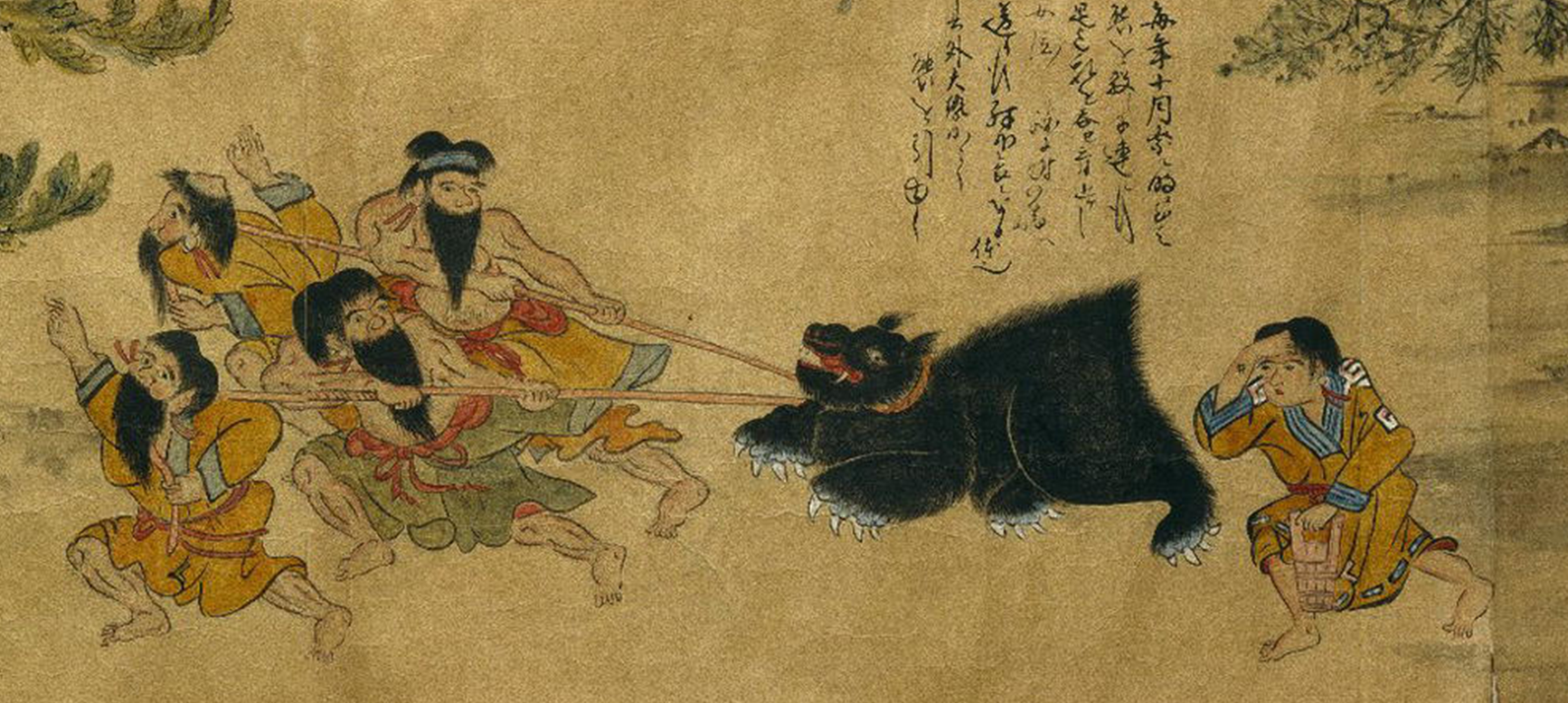 A painting of a group of four Ainu men in various outfits pulling a black bear by ropes to the left, with a woman observing in concern on the right. The bear is rearing and baring its teeth.