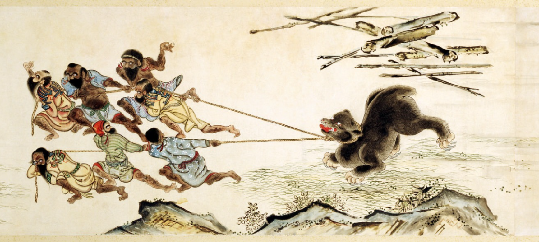 A painting of a group of four Ainu men in various outfits pulling a black bear by ropes to the left, with a stack of sticks and logs in the background. The bear is rearing and baring its teeth.