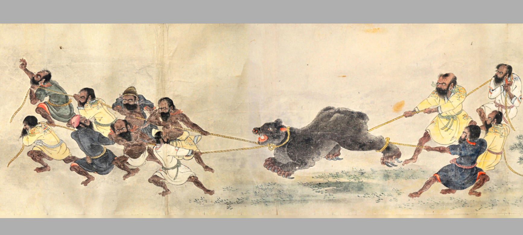 A painting of two groups of Ainu men in various outfits pulling a black bear by ropes on either side of the bear, with eight on one side and four on the other. The bear is rearing and baring its teeth.