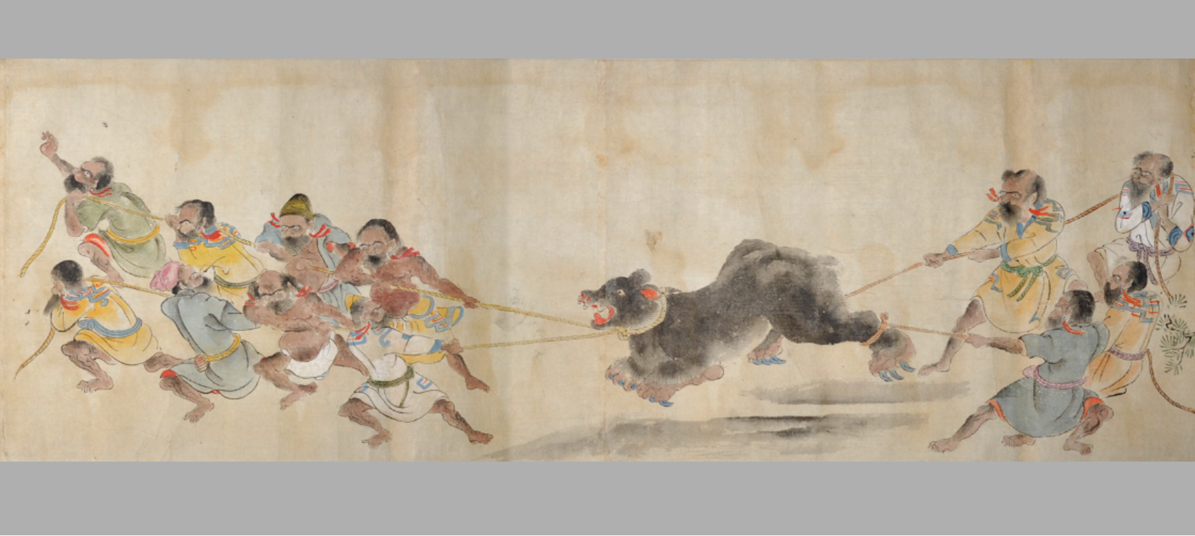 A painting of two groups of Ainu men in various outfits pulling a black bear by ropes on either side of the bear, with eight on one side and four on the other. The bear is rearing and baring its teeth.