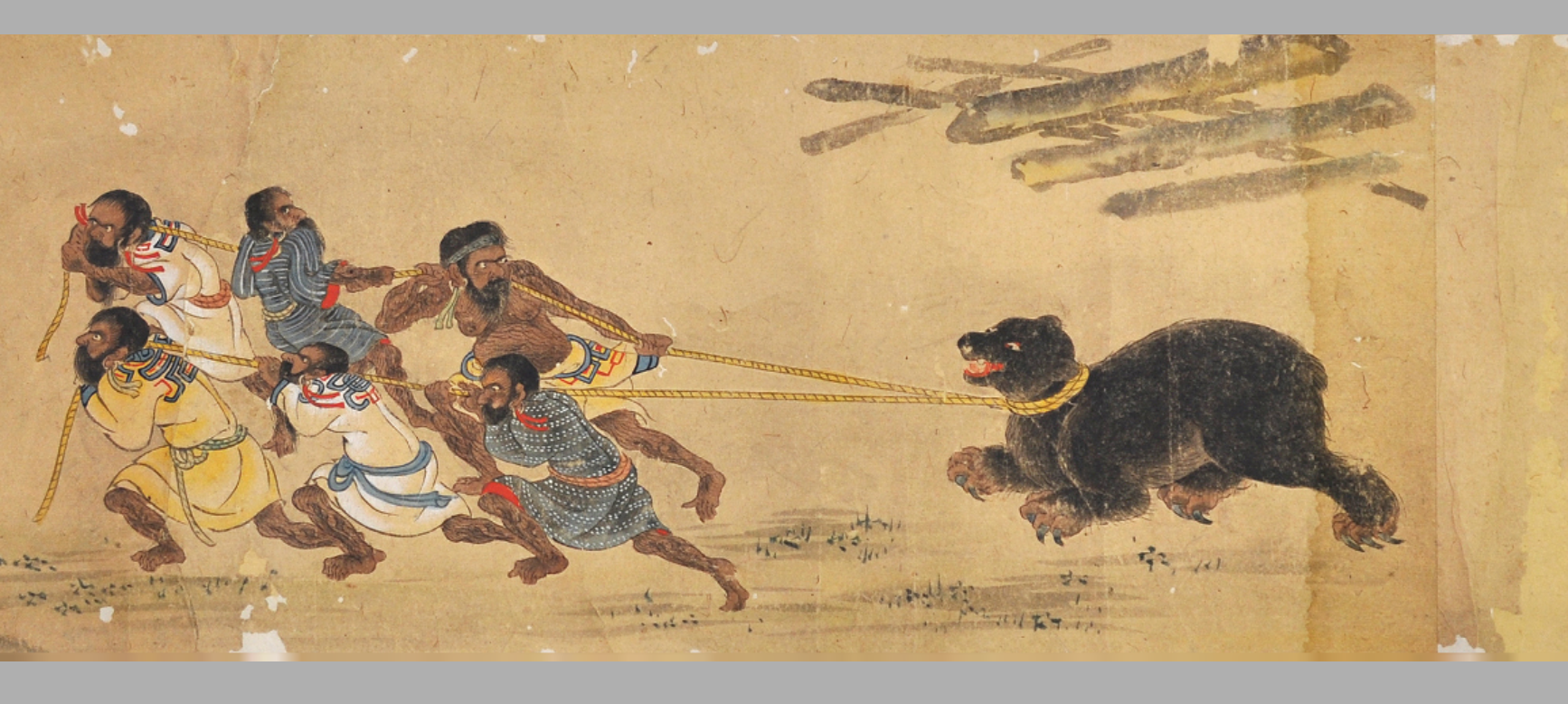 A painting of a group of four Ainu men in various outfits pulling a black bear by ropes to the left, with a stack of sticks and logs in the background. The bear is rearing and baring its teeth.