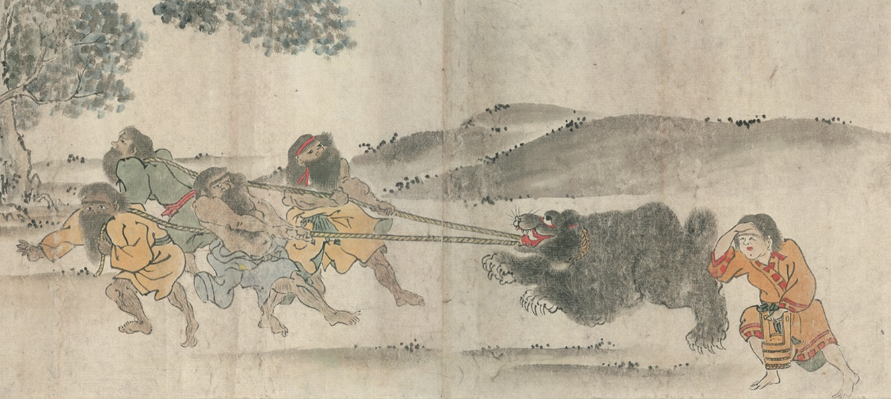 A painting of a group of four Ainu men in various outfits pulling a black bear by ropes to the left, with a woman observing in concern on the right. The bear is rearing and baring its teeth.
