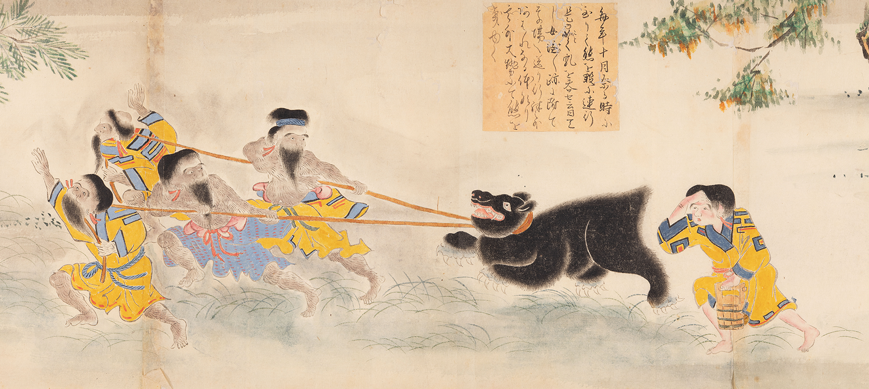A painting of a group of four Ainu men in various outfits pulling a black bear by ropes to the left, with a woman observing in concern on the right. The bear is rearing and baring its teeth.